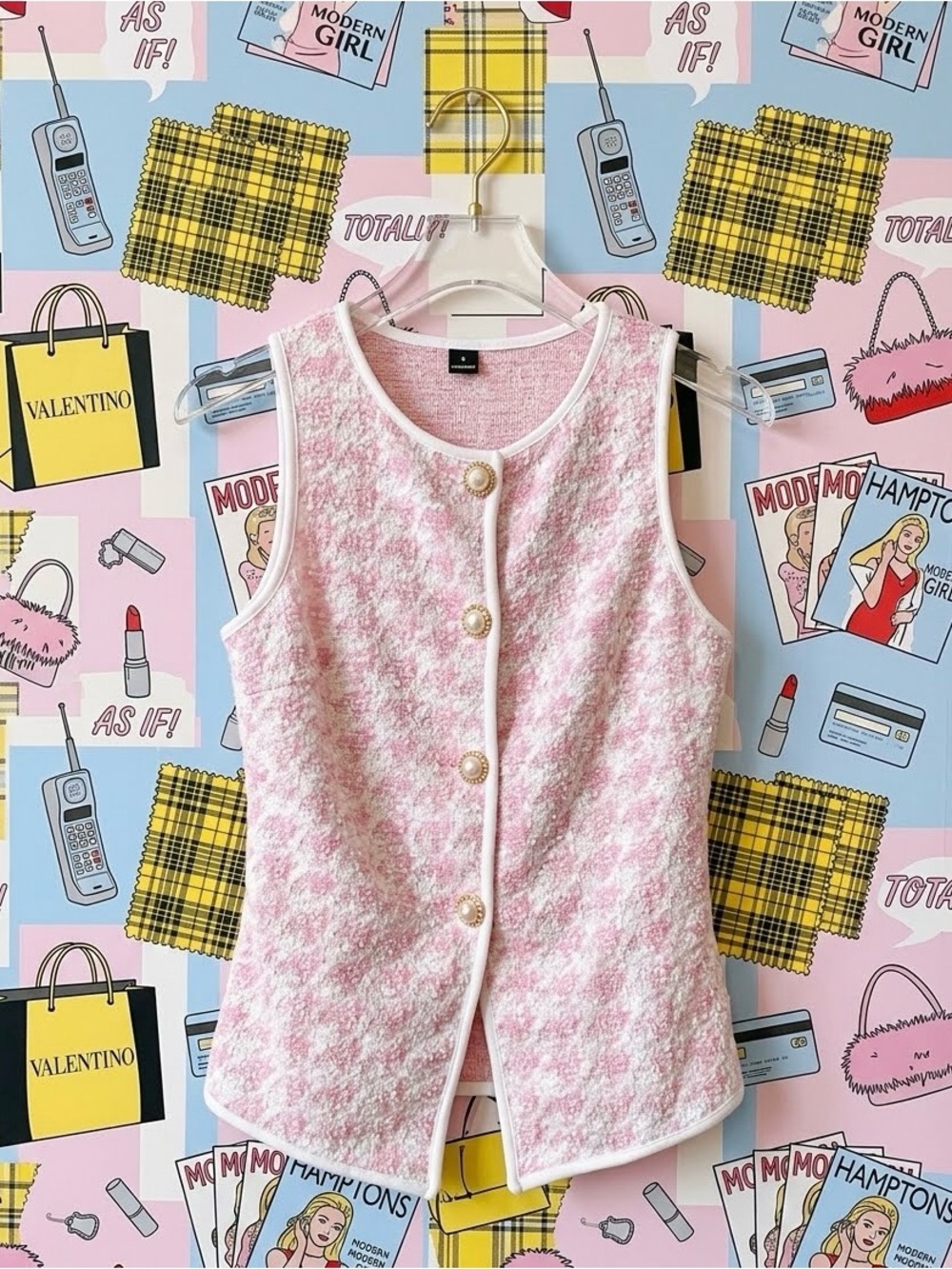 Pink Tweed Houndstooth Vest Top